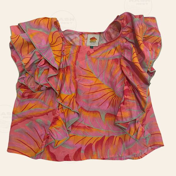 Farm Rio Bright Forest Set | Tropical Ruffle L Top, Smocked M Pants Resort Wear - Picture 3 of 10